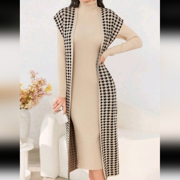 Women Solid Color Turtleneck Long Sleeve Minimalist Dress And Jacquard Cardigan - Picture 3 of 5